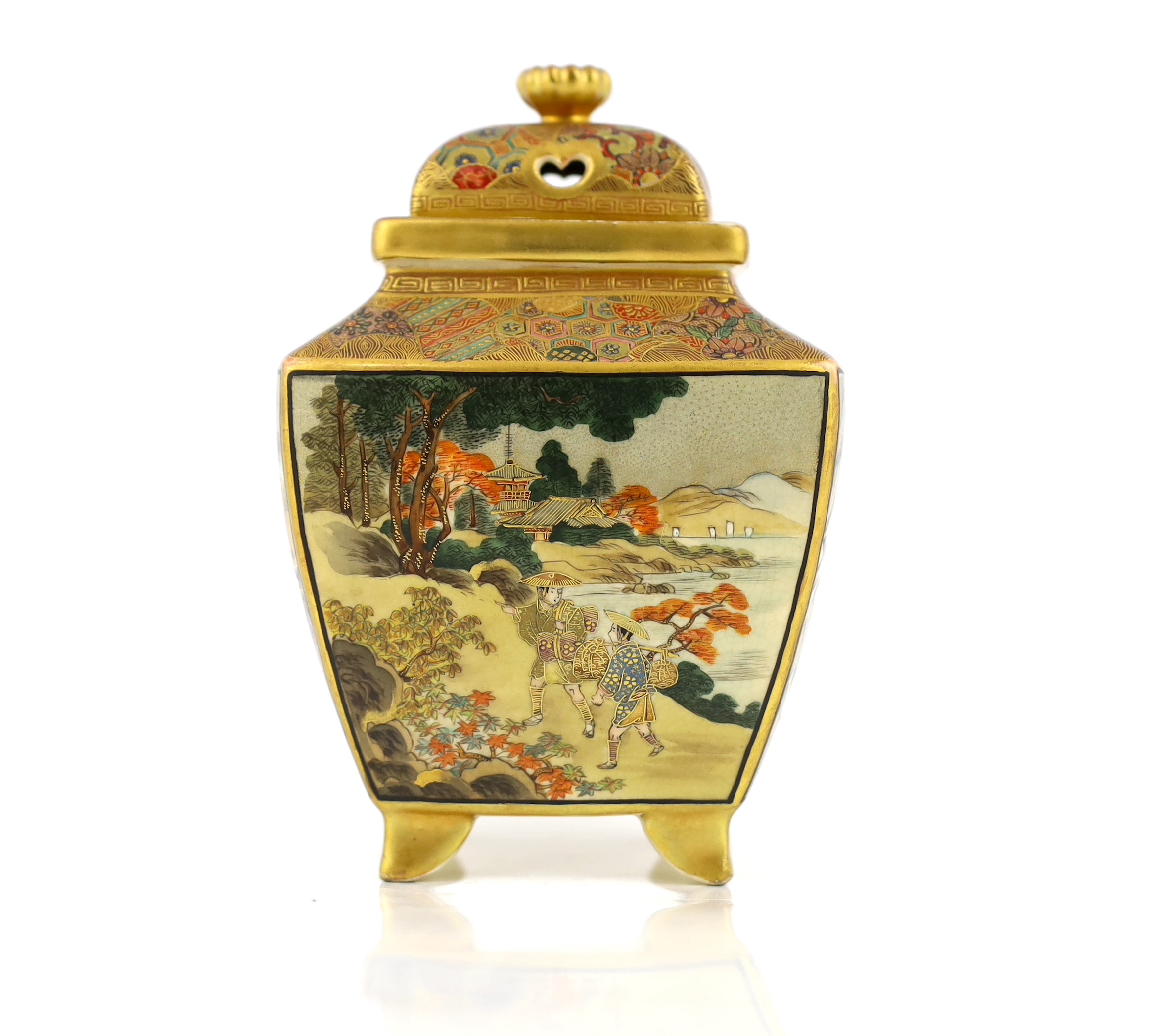 A Satsuma rectangular koro and cover, Meiji period